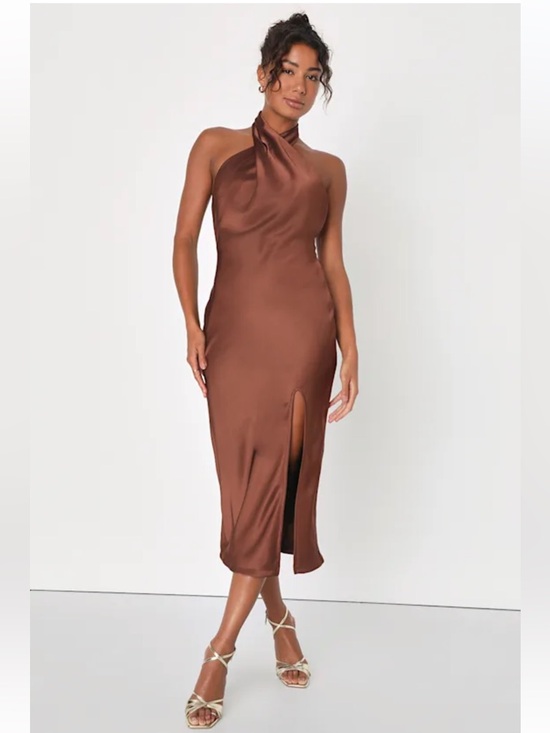 Lulus Dresses & Skirts - NWT Lulus Beyond Classy Brown Satin Halter Midi Dress